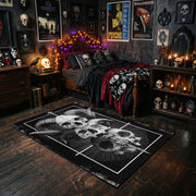 Stacked Skull Cross Area Rug styled with red Halloween accents