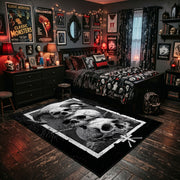 Skull Mushroom Altar Area Rug displayed beside a decorated bed