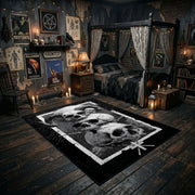 Skull Mushroom Altar Area Rug angled view with dark furniture