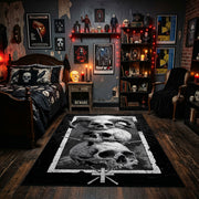 Skull Mushroom Altar Area Rug displayed beneath framed wall art