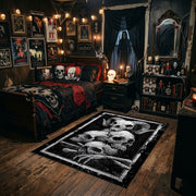 Mushroom Skull Cluster Area Rug styled in a gothic bedroom