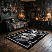 Mushroom Skull Cluster Area Rug wide room view with spooky decor