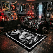 Mushroom Skull Cluster Area Rug displayed beside a decorated bed
