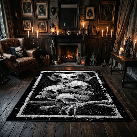 Mushroom Skull Cluster Area Rug centered in a moody living room