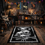Mushroom Skull Cluster Area Rug front view near a fireplace