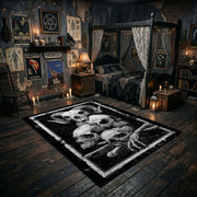Mushroom Skull Cluster Area Rug angled view with dark furniture
