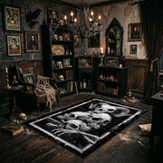 Mushroom Skull Cluster Area Rug shown with vintage gothic decor