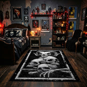 Mushroom Skull Cluster Area Rug displayed beneath framed wall art