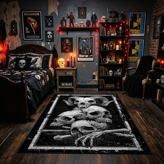 Mushroom Skull Cluster Area Rug displayed beneath framed wall art