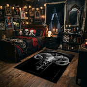 Horned Ram Skull Ritual Area Rug styled in a gothic bedroom