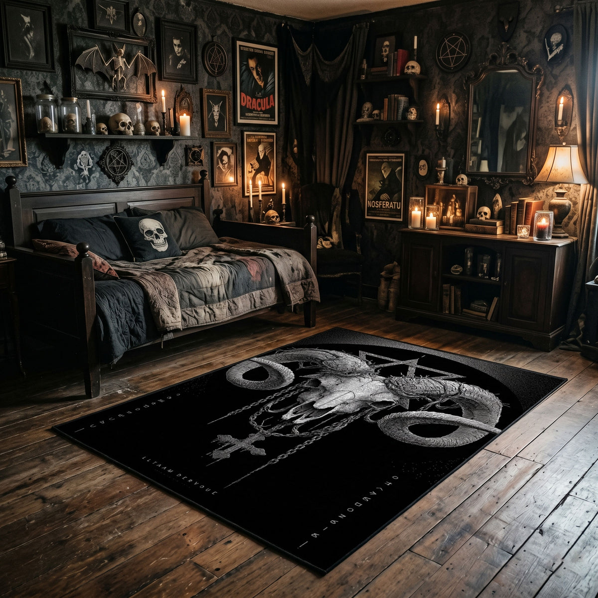 Horned Ram Skull Ritual Area Rug wide room view with spooky decor