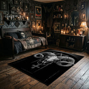 Horned Ram Skull Ritual Area Rug wide room view with spooky decor