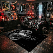 Horned Ram Skull Ritual Area Rug displayed beside a decorated bed