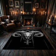Horned Ram Skull Ritual Area Rug centered in a moody living room