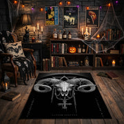 Horned Ram Skull Ritual Area Rug front view near a fireplace
