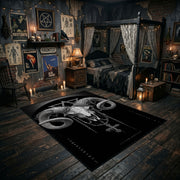 Horned Ram Skull Ritual Area Rug angled view with dark furniture