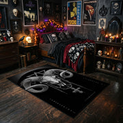 Horned Ram Skull Ritual Area Rug styled with red Halloween accents