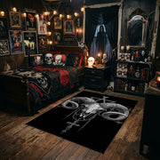 Ram Skull Blackwork Area Rug styled in a gothic bedroom