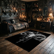 Ram Skull Blackwork Area Rug wide room view with spooky decor