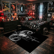 Ram Skull Blackwork Area Rug displayed beside a decorated bed