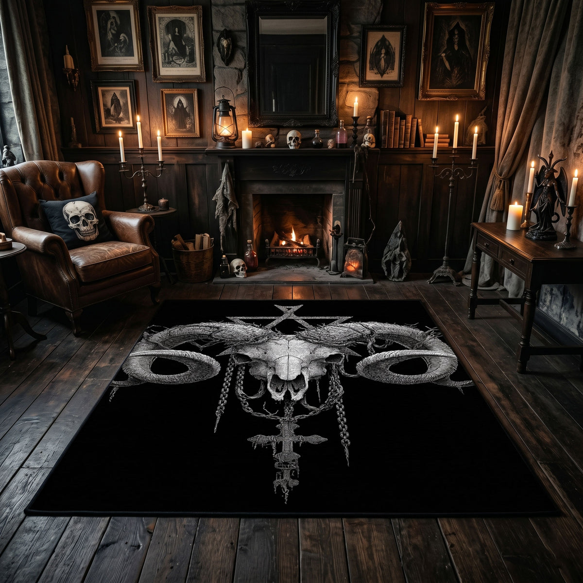 Ram Skull Blackwork Area Rug centered in a moody living room