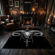 Ram Skull Blackwork Area Rug centered in a moody living room