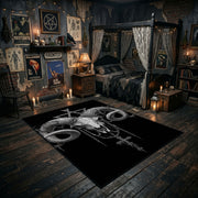 Ram Skull Blackwork Area Rug angled view with dark furniture