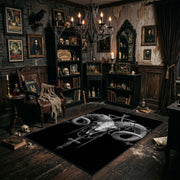 Ram Skull Blackwork Area Rug shown with vintage gothic decor