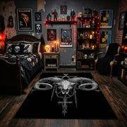 Ram Skull Blackwork Area Rug displayed beneath framed wall art