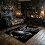 Black Spider Occult Area Rug wide room view with spooky decor