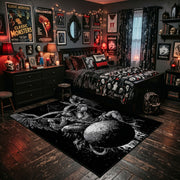 Black Spider Occult Area Rug displayed beside a decorated bed