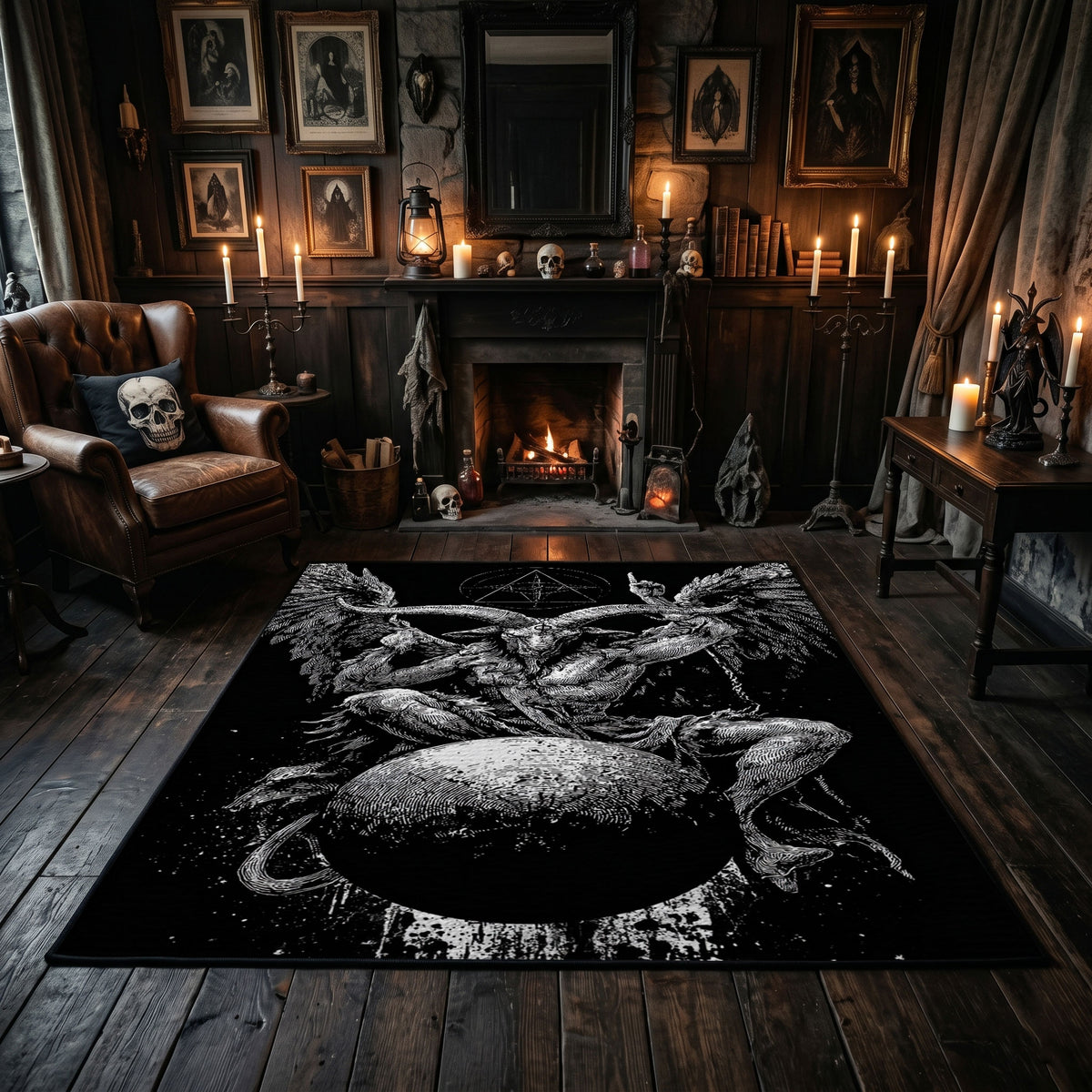 Black Spider Occult Area Rug centered in a moody living room