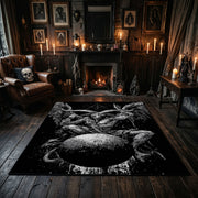 Black Spider Occult Area Rug centered in a moody living room