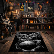 Black Spider Occult Area Rug front view near a fireplace