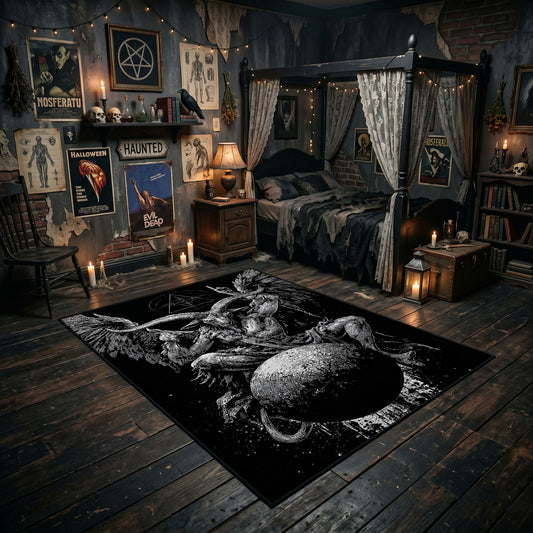Black Spider Occult Area Rug angled view with dark furniture
