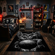 Black Spider Occult Area Rug displayed beneath framed wall art