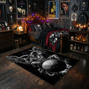 Black Spider Occult Area Rug styled with red Halloween accents