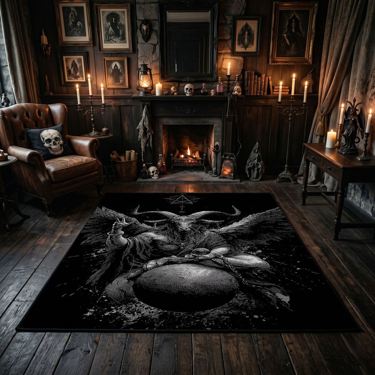 Winged Beetle Dark Nature Area Rug centered in a moody living room