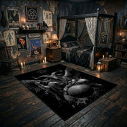 Winged Beetle Dark Nature Area Rug angled view with dark furniture
