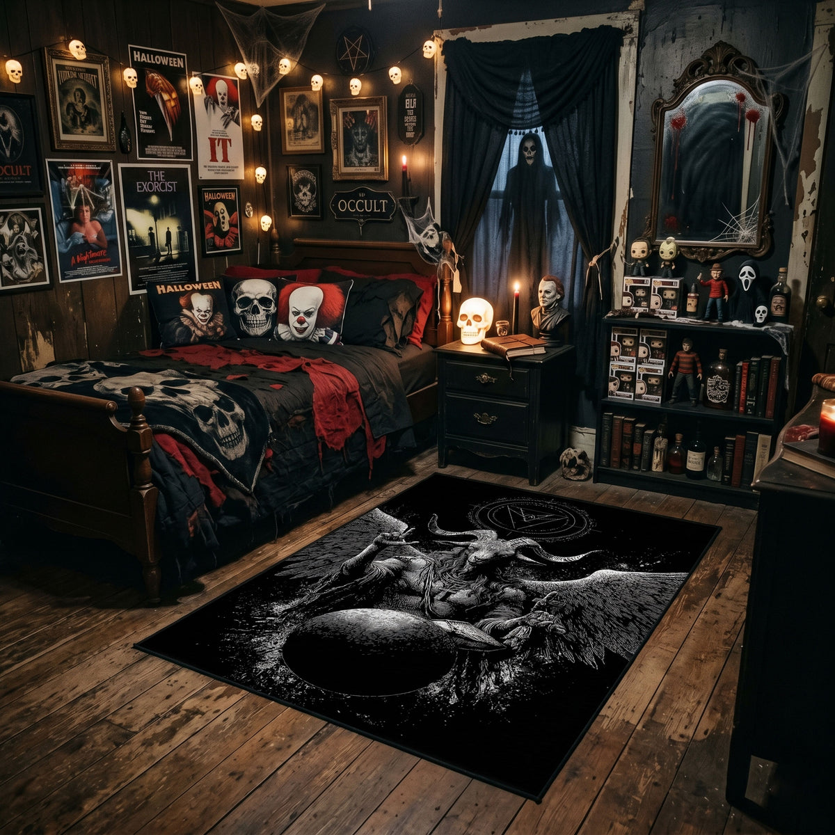 Skull Moth Gothic Area Rug styled in a gothic bedroom
