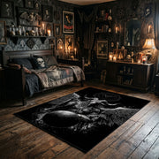 Skull Moth Gothic Area Rug wide room view with spooky decor