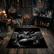 Skull Moth Gothic Area Rug shown in a candlelit dark room
