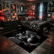 Skull Moth Gothic Area Rug displayed beside a decorated bed