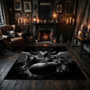 Skull Moth Gothic Area Rug centered in a moody living room
