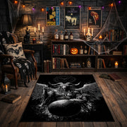 Skull Moth Gothic Area Rug front view near a fireplace