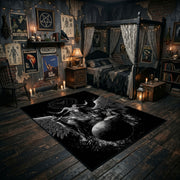 Skull Moth Gothic Area Rug angled view with dark furniture