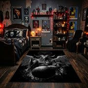 Skull Moth Gothic Area Rug displayed beneath framed wall art