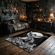Horned Owl Forest Area Rug wide room view with spooky decor