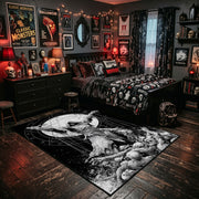 Horned Owl Forest Area Rug displayed beside a decorated bed