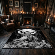 Horned Owl Forest Area Rug centered in a moody living room